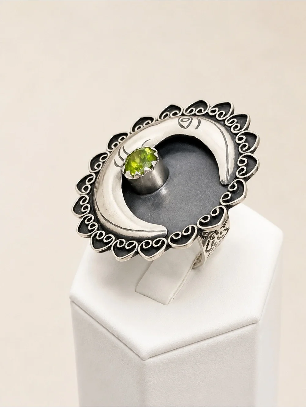 950 Sterling Silver Crescent Moon Ring with Peridot Stone